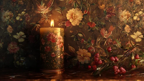 Candlelit blooms and berries in a quiet golden evening glow.