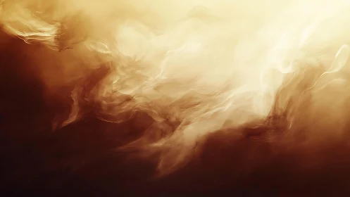Abstract swirling golden smoke on dark background, ethereal style.