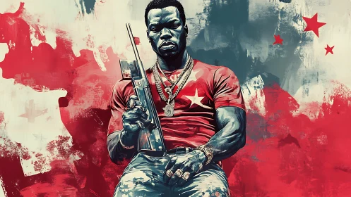 Armed street icon sits boldly amid red star graffiti backdrop.