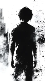 Monochrome urban silhouette in abstract ink-wash composition.