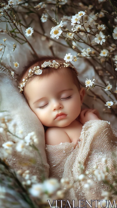 Sleeping newborn cradled in soft fabric and white daisies