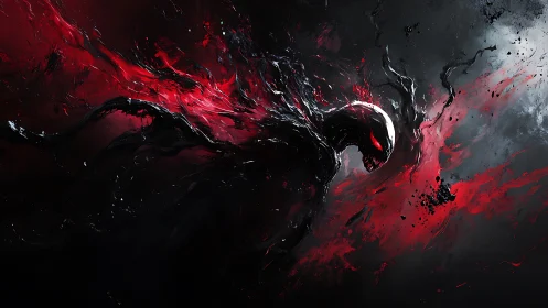 Abstract symbiotic entity rendered in dynamic crimson motion