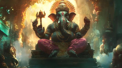 Divine elephant deity in ornate luminous temple setting.