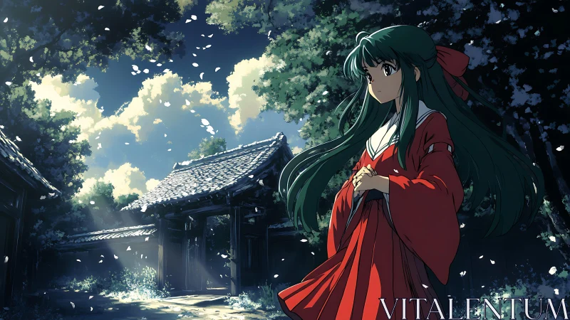 Shrine maiden pauses beneath drifting petals at dusk.