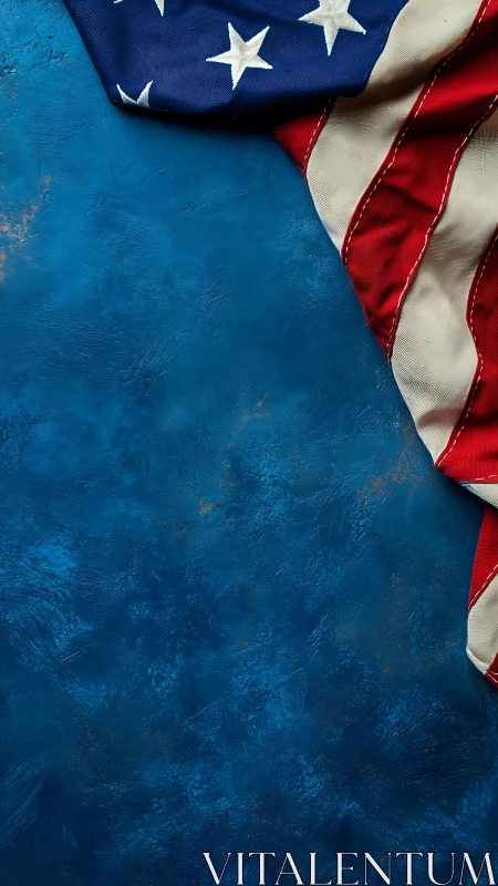 Textured close-up of US flag over distressed blue surface.