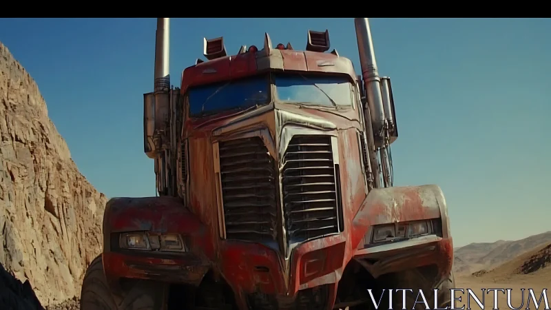 Weathered red semi-truck stands on arid desert roadway