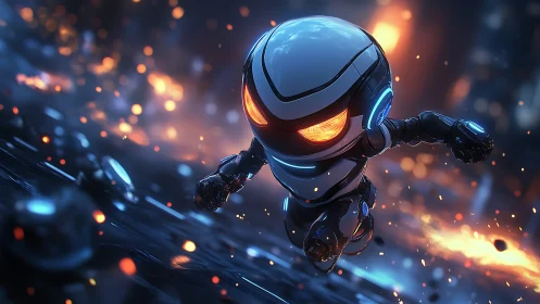 Aerodynamic combat microbot sprinting through kinetic firestorm.