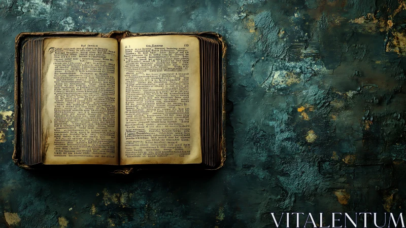 Photorealistic still life of antique open book on patina wall.