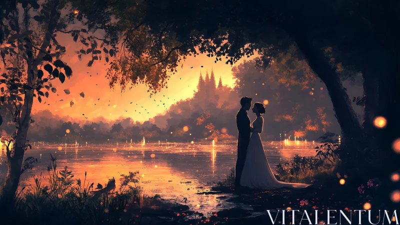 Silhouetted Couple Embracing Beneath Luminescent Arbor at Dusk.