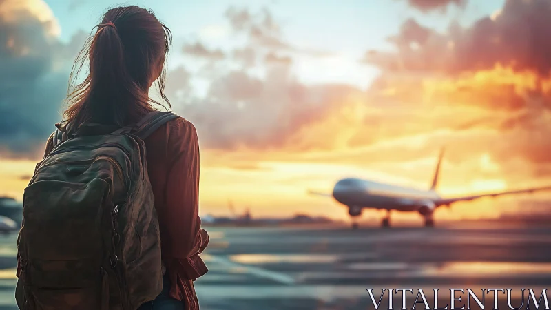 Backpack wearer observing departing aircraft at sunset.