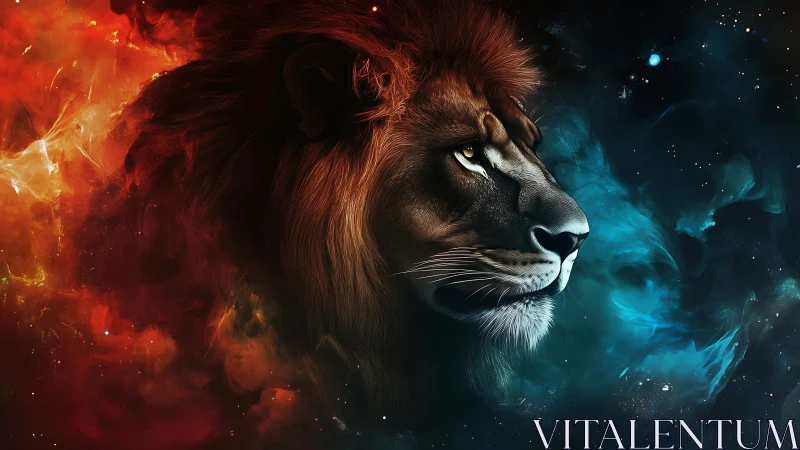 Cosmic lion drifts between ember dawn and sapphire night