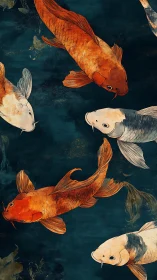 Graceful koi fish drift in calm, inky blue water