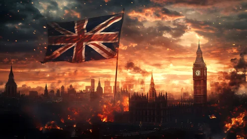 Burning London skyline under Union Jack at dusk.