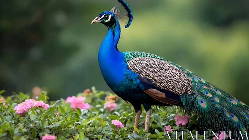 Vibrant peacock standing among pink flowers in natural setting.