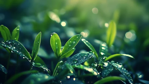 Morning dew clings to young green leaves in soft bokeh light