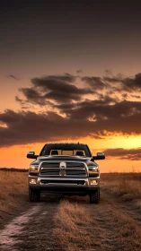 Full-size pickup truck front view in rural sunset landscape