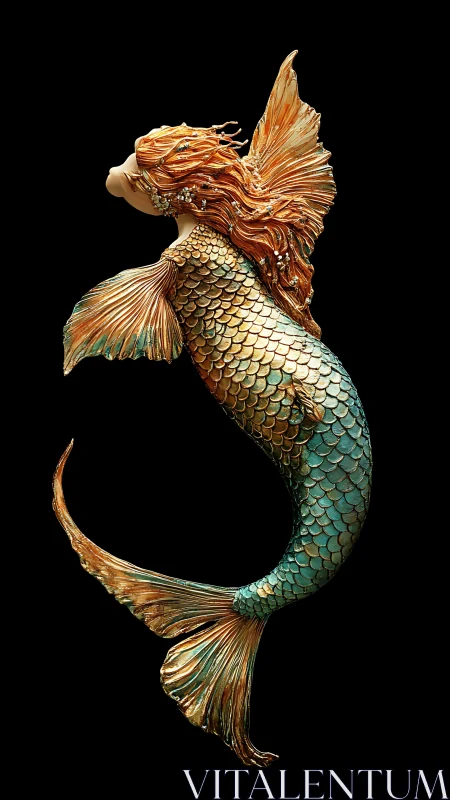 Bronze and teal sculpted mermaid with flowing textured hair.