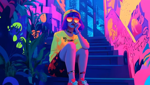 Neon street portrait of reflective girl in saturated urban glow.