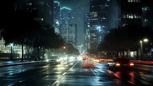 Nocturnal arterial cityscape with wet reflective roadway optics.
