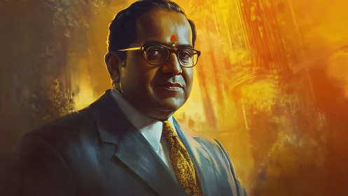 Digital painting portrait with radiant warm gradient backdrop.