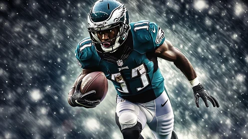 Football player in teal uniform running through snowstorm.
