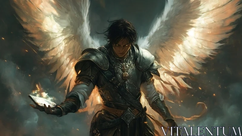 Winged battle angel summoning radiant power in storm.