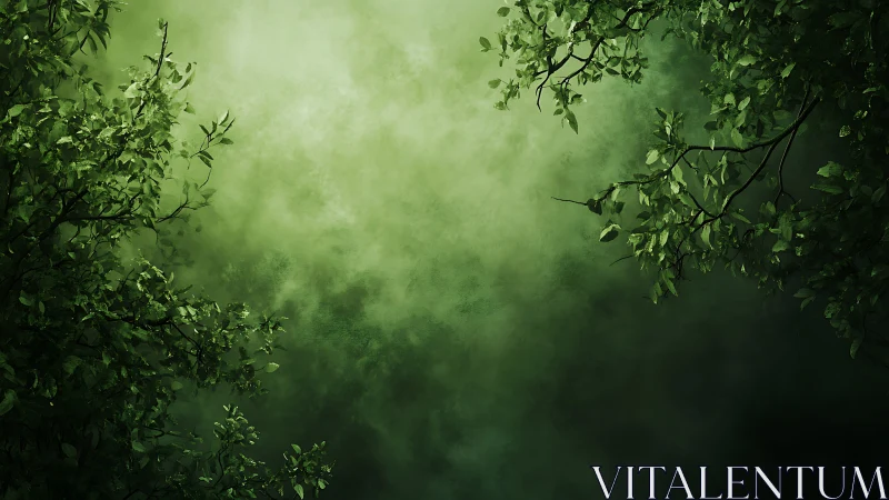 Verdant canopy branches framing soft atmospheric green mist