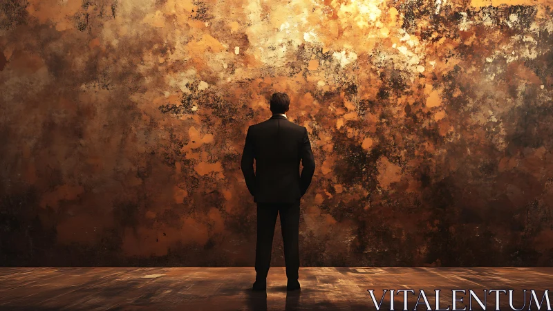 Quiet moment before a glowing wall of golden possibilities.