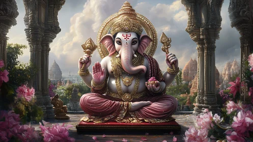 Golden Ganesha in a blooming temple courtyard at dawn.