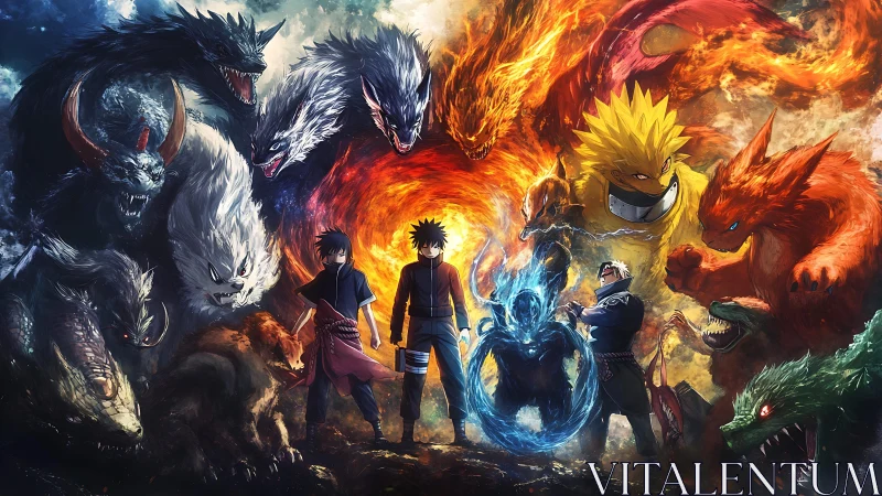 Elemental warriors encircled by towering mythical beasts.