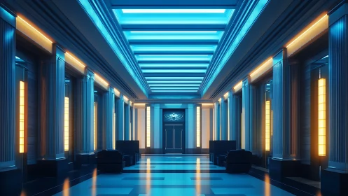 Neon-lit marble hall where classic columns meet cool calm.
