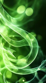 Luminous green energy ribbons twist through abstract depth.