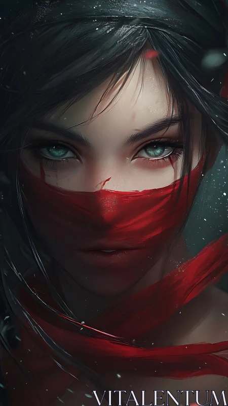 Masked warrior portrait with crimson scarf and icy gaze.