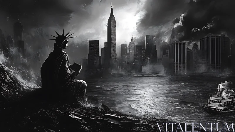 Submerged metropolis with Liberty monument in storm surge panorama.