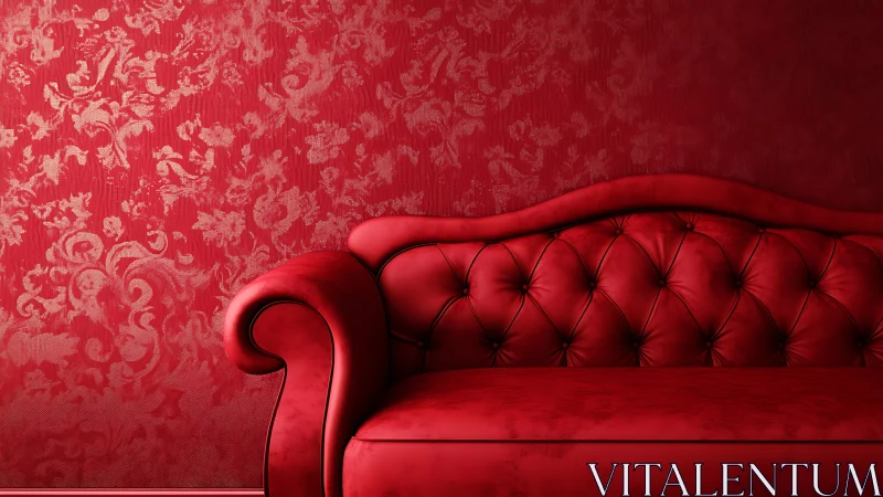 Red tufted sofa is positioned before patterned wall