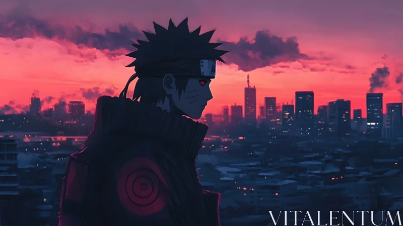 Silhouetted shinobi profile over neon dusk urban skyline