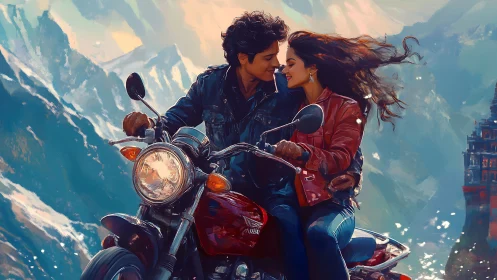 Motorcycle riders on mountain road in stylized digital scene.