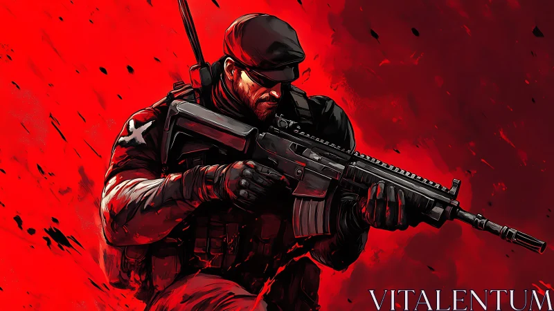 Armed tactical soldier illustration on intense red field.