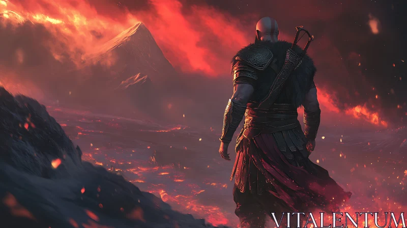 Warrior surveys burning volcanic wasteland at sunset.