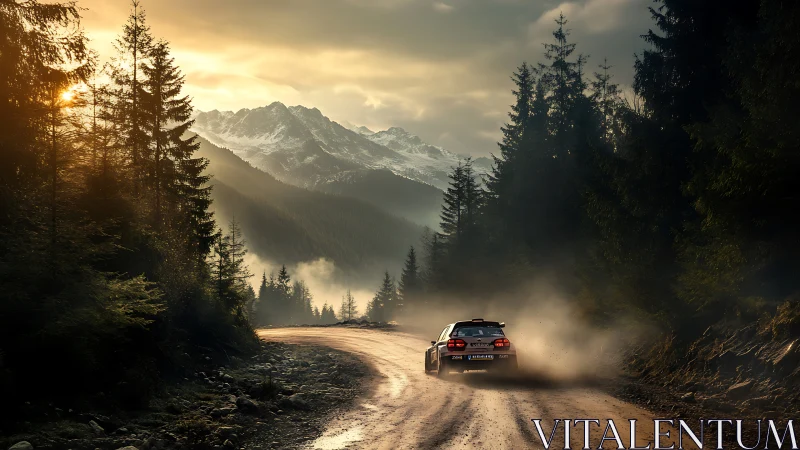 Rally car powers through misty forest road at sunset
