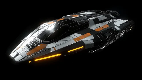 Futuristic spacecraft render shows angular hull and lighting
