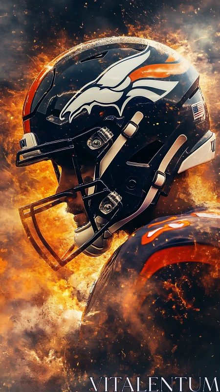 Football player in profile stands in front of explosive flames