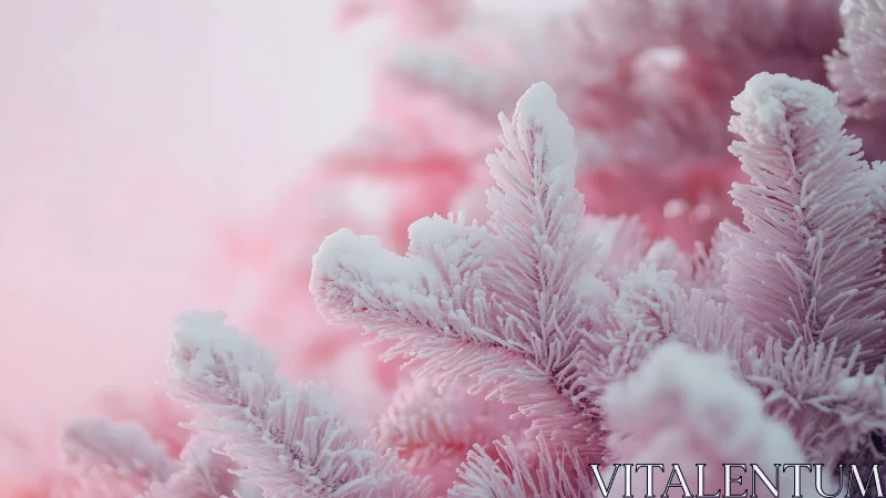 Frosted pine branches glow softly against blurred pink bokeh