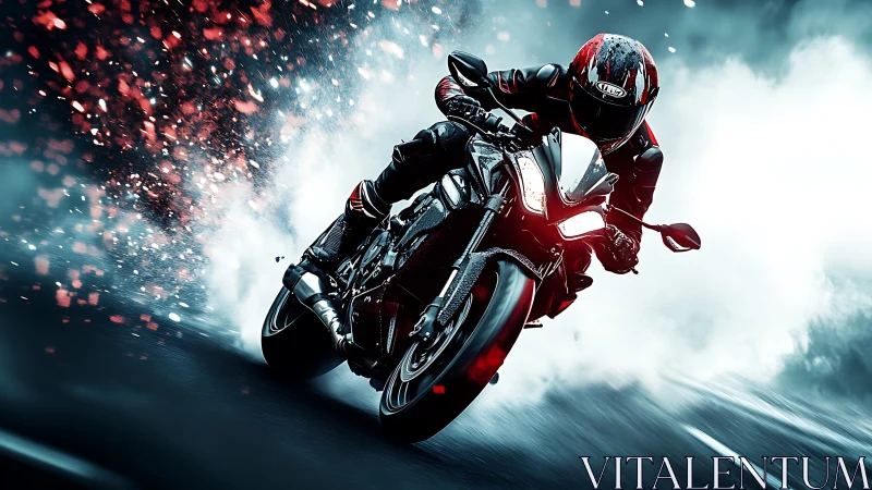 Midnight superbike slashes through sparks and storming smoke