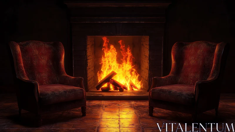 Fireplace Interior with Symmetrical Wingback Chairs.