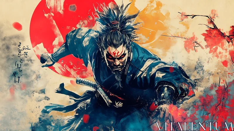 Dynamic samurai warrior lunging before a bold red sun.