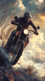 Motorcyclist powers through crashing water and spray.