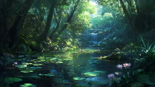 Enchanted Forest Stream with Waterfalls and Lily Ponds.
