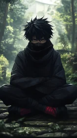 Masked anime shinobi meditates in dappled forest light