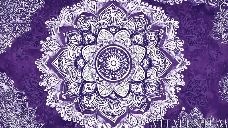 Ornate white mandala on textured violet radial field.